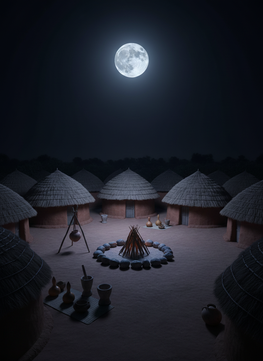 A serene night-time village landscape under a large, luminous full moon, rendered in precise photographic realism. Low, rounded mud huts with smooth, reddish walls and neatly thatched roofs form a gentle curve around an open clearing. In the center stands an empty fireside circle of polished stones, with a small pile of carefully arranged firewood waiting to be lit. The moonlight bathes the scene in silvery-blue tones, catching the edges of calabashes, mortar and pestle, and a hanging clay pot beneath a wooden tripod. Shot from a slightly raised angle, with sharp focus throughout, the atmosphere feels hushed, timeless, and expectant, perfectly framing the unseen Igbo stories about to begin.