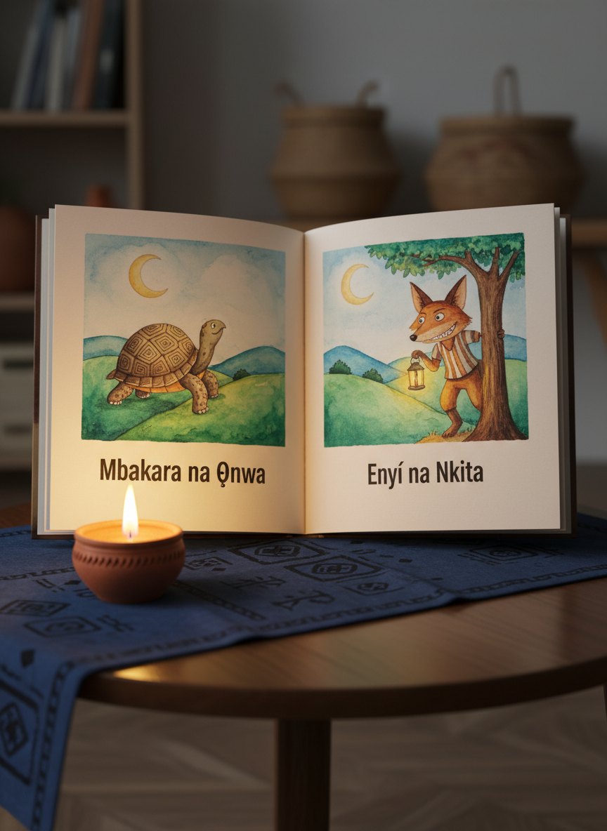 A close-up of an open children’s storybook resting on a dark indigo cloth patterned with subtle Nsibidi-inspired symbols, each page featuring large, clean Igbo words beneath luminous watercolor scenes of the moon over rolling green hills, tortoises, and trickster animals. The book lies on a low, polished wooden table beside a small clay lamp with a soft, golden flame. The warm lamplight pools across the pages, making the ink appear almost embossed, while the background is softly blurred. Photographic, clean and modern composition shot from a slightly elevated angle, with the mood serene, intimate, and studious, evoking quiet evening learning.
