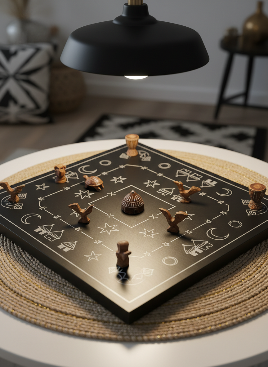 An elegant game board inspired by traditional Igbo uli motifs, crafted from matte black wood with delicately engraved silver lines forming paths between stylized moons, stars, and village huts. Small carved wooden tokens shaped like tortoises, birds, and talking drums sit on the board mid-play, their polished surfaces catching the light. The board rests on a woven raffia mat with subtle golden fibers. Soft, diffused lamplight from above creates gentle highlights and measured shadows, emphasizing texture. Photographic realism with a balanced, centered composition viewed from a slightly elevated angle. The atmosphere is playful yet refined, suggesting an intelligent family game that teaches Igbo culture and language in a sophisticated, modern way.
