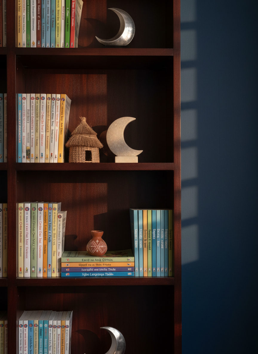 A polished dark wooden bookshelf set against a deep navy wall, filled with neatly arranged children’s storybooks whose spines display both Igbo and English titles in clean, modern fonts. Between the books, small decorative objects appear: a miniature thatched hut, a crescent moon carved from pale soapstone, and a tiny calabash etched with fine patterns. A silver crescent-moon bookend holds a row of slim language-learning booklets. Soft, indirect evening light from the left creates a calm gradient across the wall and subtle reflections on the book covers. Photographic, with a slightly off-center composition using the rule of thirds, the mood is scholarly yet magical, hinting at a curated library of Igbo moonlight tales.