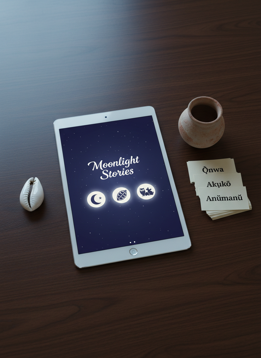 A refined, minimalist desktop scene with a slim silver tablet displaying a vibrant homepage titled “Moonlight Stories” in elegant typography, surrounded by softly glowing icons of the moon, kola nut, and playful forest animals. The tablet rests on a smooth, dark hardwood desk alongside a single cowrie shell, a neat stack of index cards printed with simple Igbo vocabulary, and a small earthen pot. Cool evening light from an unseen window mixes with the tablet’s gentle screen glow, creating balanced, photographic realism. Shot from above in a tidy flat-lay composition, the atmosphere feels sophisticated yet warmly inviting, suggesting a digital gateway into Igbo children’s tales and language learning.