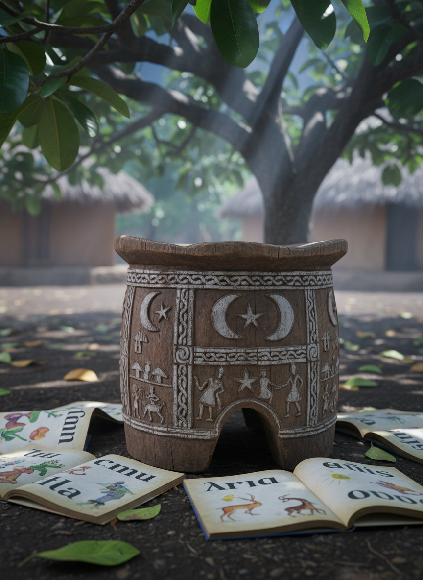 A well-worn wooden storytelling stool carved with intricate Igbo uli patterns of moons, stars, and village scenes, positioned beneath a spreading udala tree with broad, glossy leaves. Around the stool lie open children’s books with bold, simplified Igbo words and delicate illustrations of animals and folktale symbols. Soft moonlight filters through the branches, creating silver highlights on the carved symbols and gentle shadows on the rich earth below. Photographic realism with a calm, sophisticated atmosphere, shot at eye level using shallow depth of field so the stool is in sharp focus while the surrounding village compound fades into a velvety, dreamlike blur.